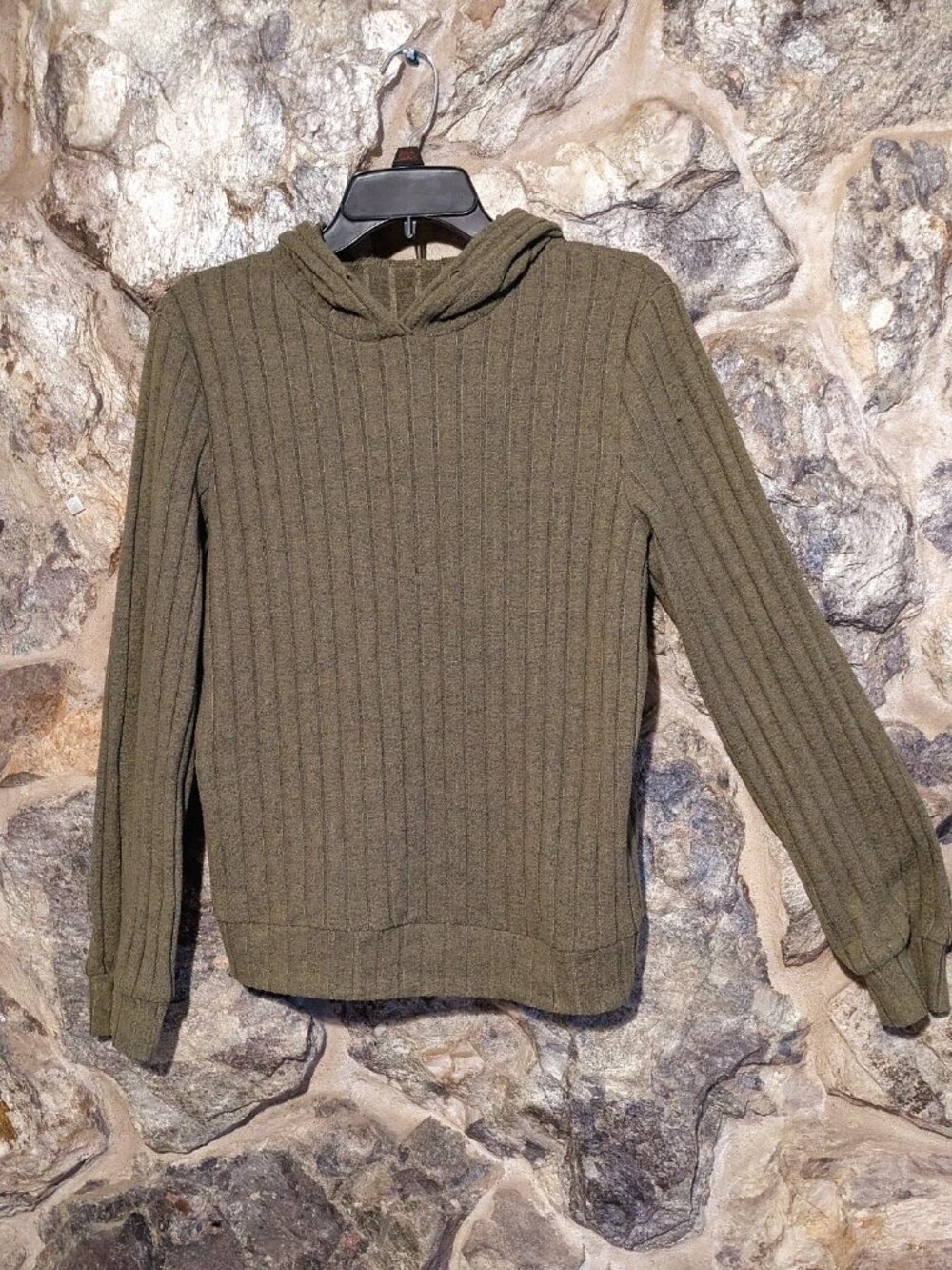 Olive Green Ribbed Hooded Long Sleeve Top - Women's